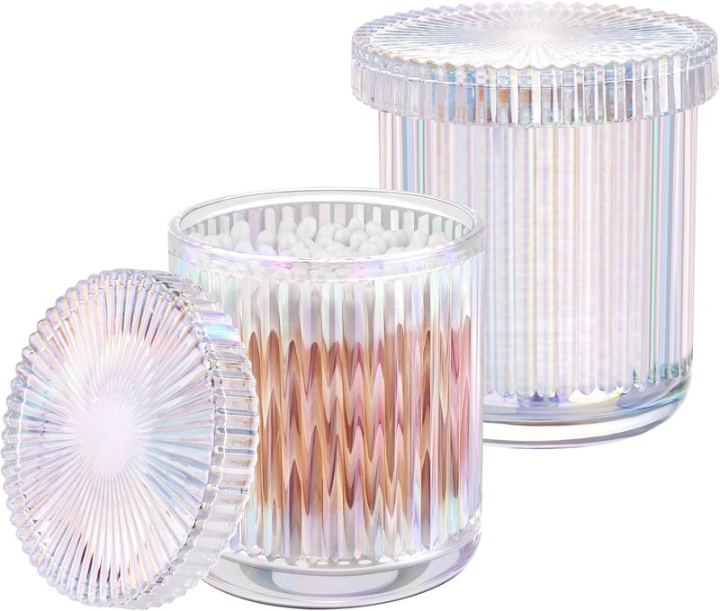MKOSAB 2 Pack Qtip Holder - Apothecary Jars with Lids, Bathroom Organizers and Storage Canister for Cotton Balls,Swabs,Floss Picks,Hair Ties,Clear Glass Vintage Bathroom Decor Jar Set (Iridescent) - Image 1